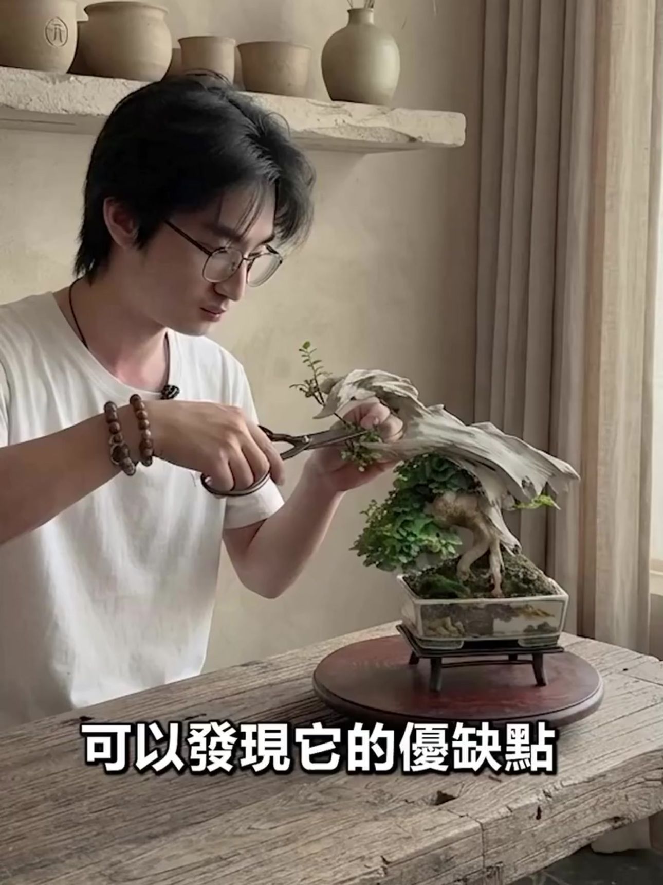 樹友專注修剪枝葉,享受手作樂趣 盆栽愛好者專注修剪枝葉與細節調整,在動手實作中培養對植物的細膩觀察力。