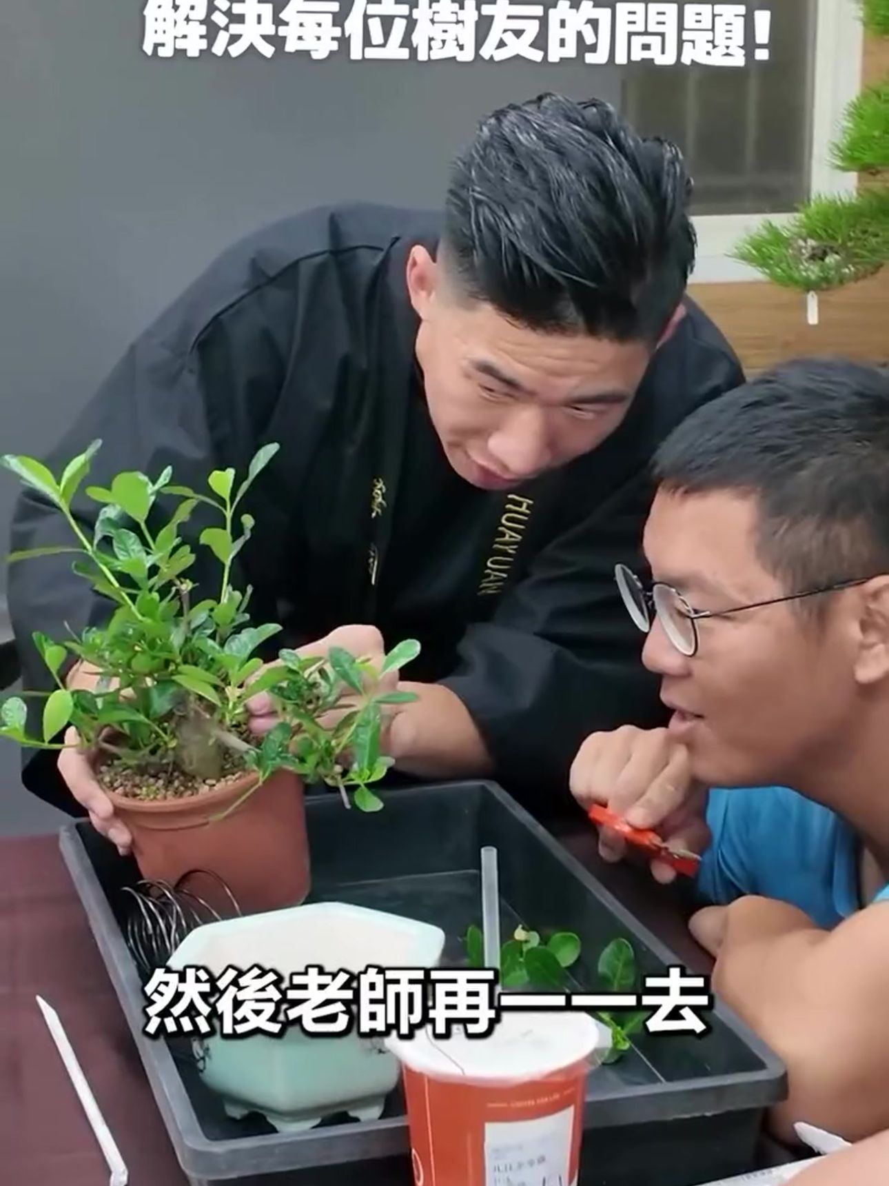 華園盆栽主理人陳志華一對一指導學員修剪與養護技巧，展現手把手傳承的職人精神。