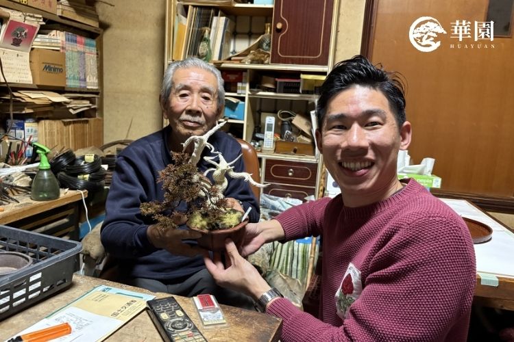 華園盆栽主理人陳志華與日本熊本老師於深夜的工作坊。老師毫不藏私地分享真柏舍利的電子雕刻刀技法與創作哲學。