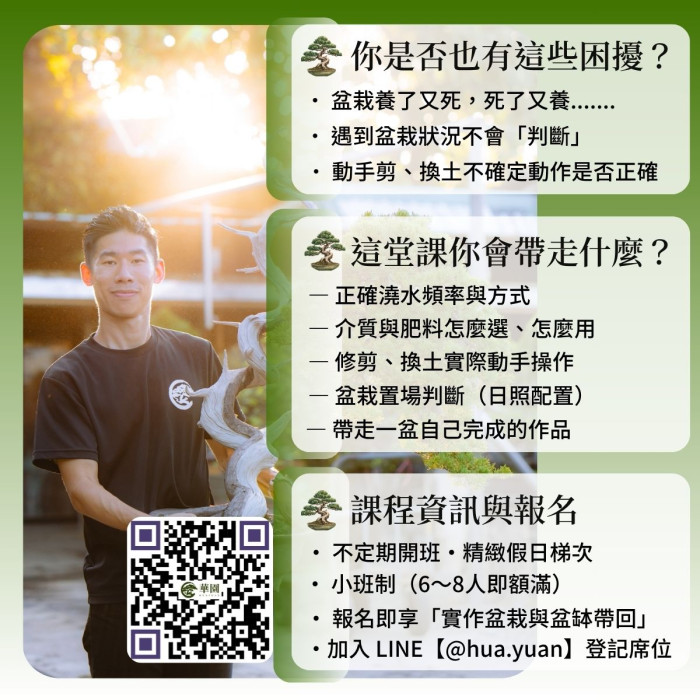 盆栽職人小班實體課｜陳志華一對一指導・4小時修剪換土整姿實作 (A053，本期圓滿結訓・開放下期候補預約)